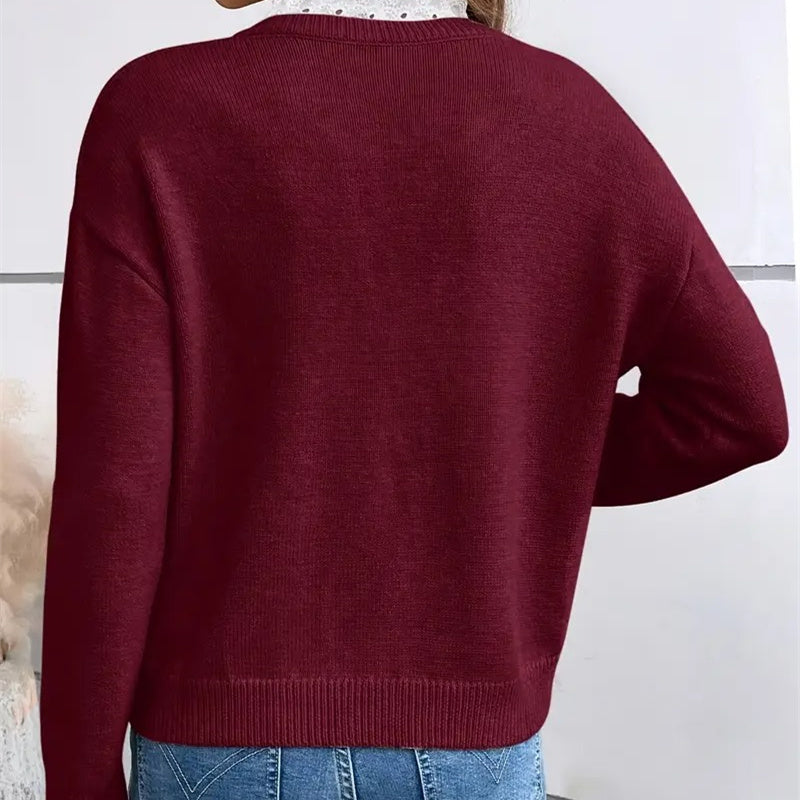 Daniela - Suéter Elegante con Cuello en V y Detalle de Encaje Sofisticado