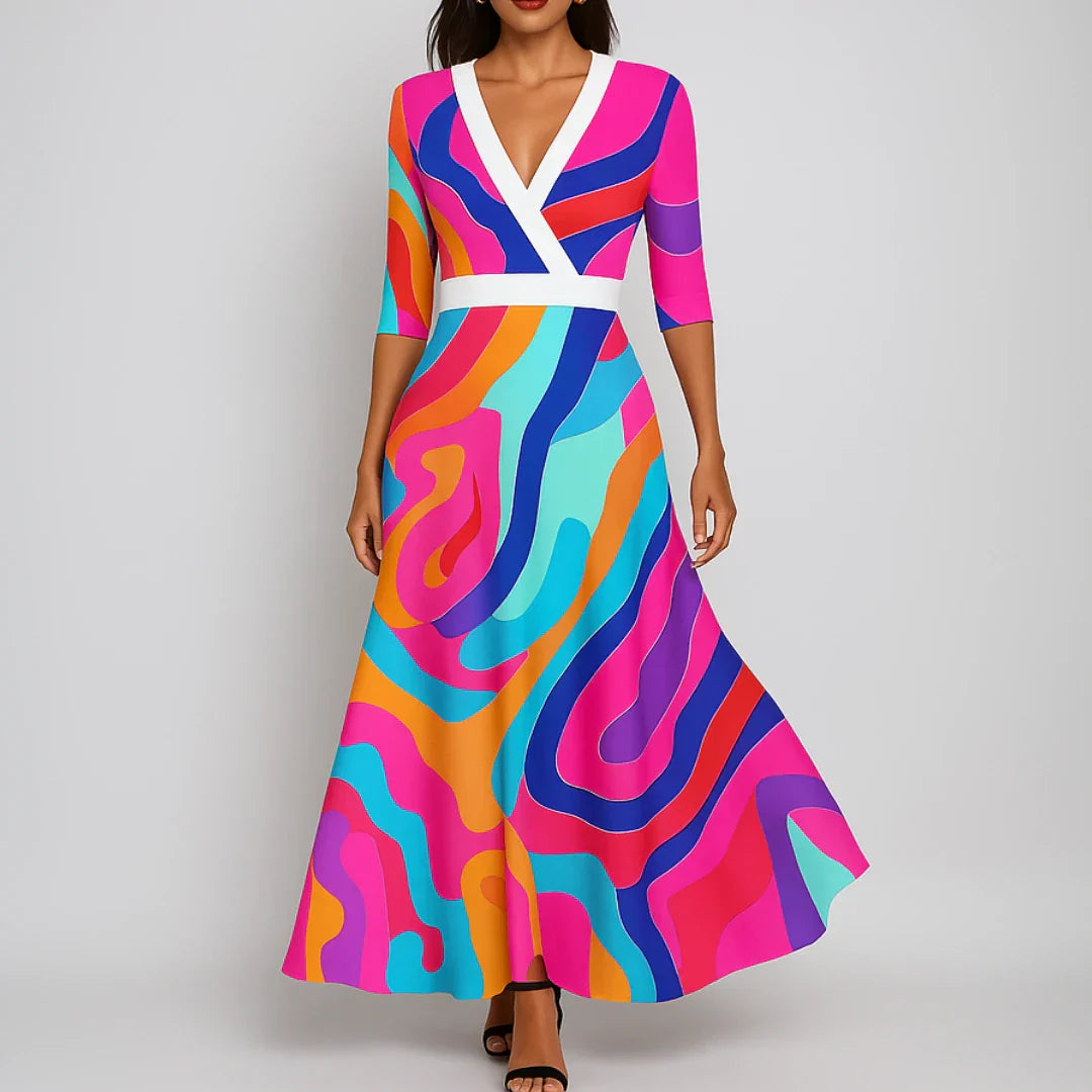 Daniela - Vestido Largo Estampado con Escote en V y Caída Fluida Elegante