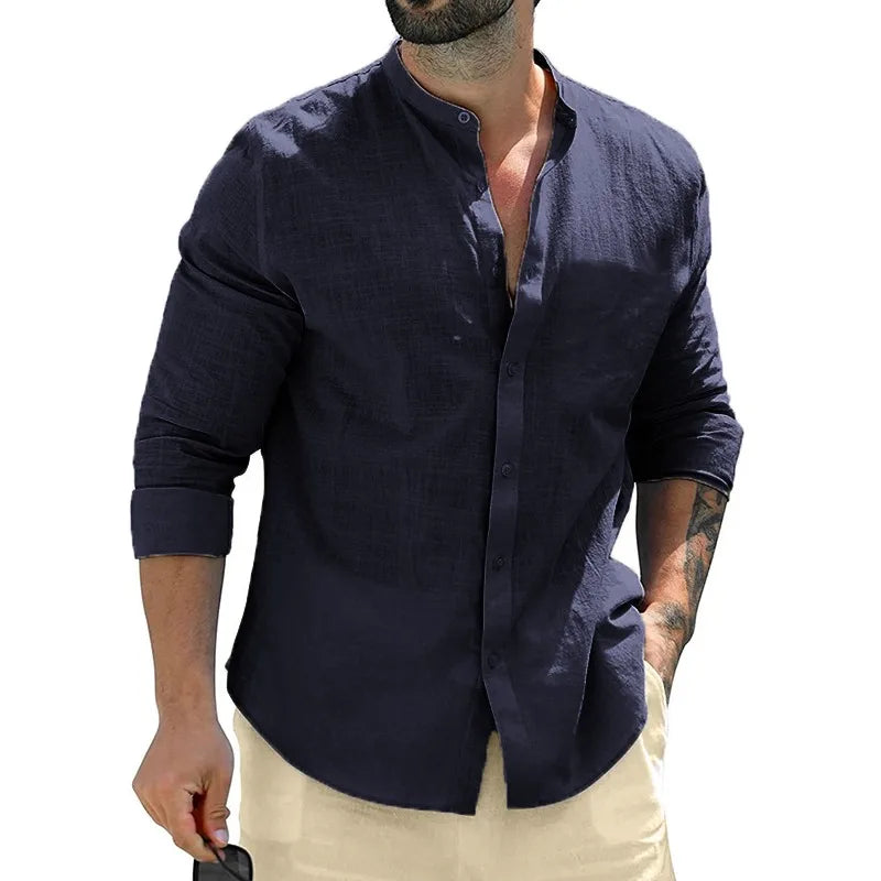 Leonardo - Camisa Casual de Lino con Cuello Mao Premium