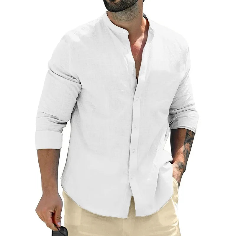 Leonardo - Camisa Casual de Lino con Cuello Mao Premium