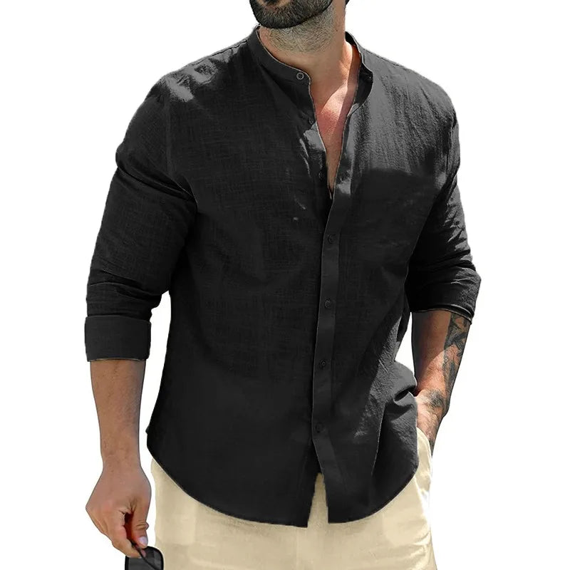 Leonardo - Camisa Casual de Lino con Cuello Mao Premium