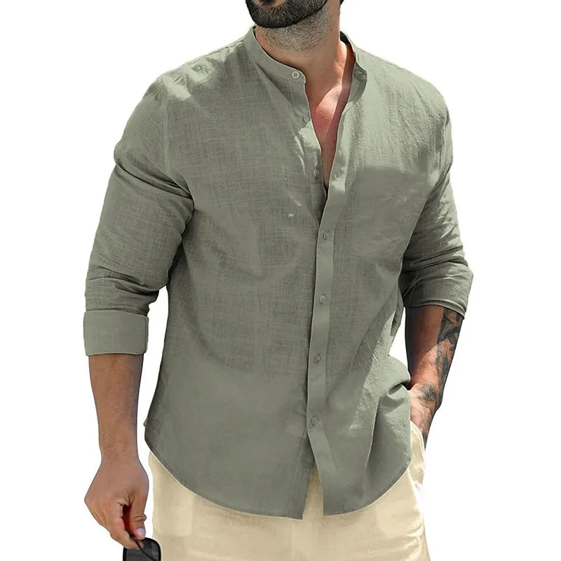 Leonardo - Camisa Casual de Lino con Cuello Mao Premium