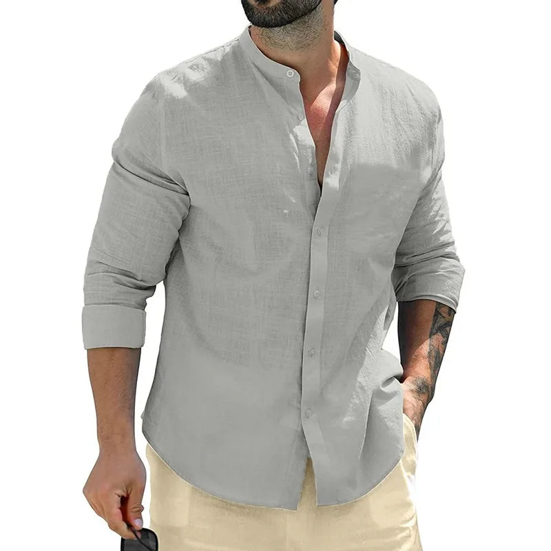 Leonardo - Camisa Casual de Lino con Cuello Mao Premium
