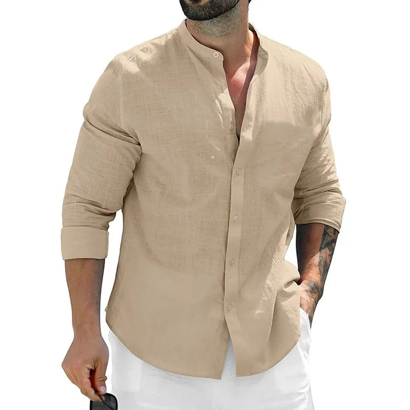 Leonardo - Camisa Casual de Lino con Cuello Mao Premium