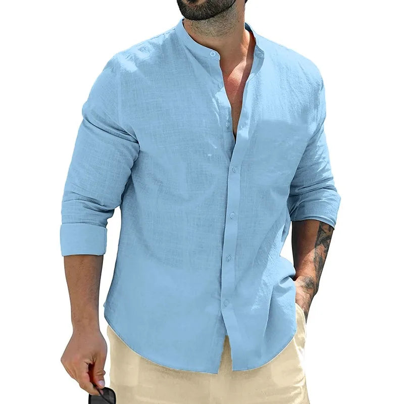 Leonardo - Camisa Casual de Lino con Cuello Mao Premium