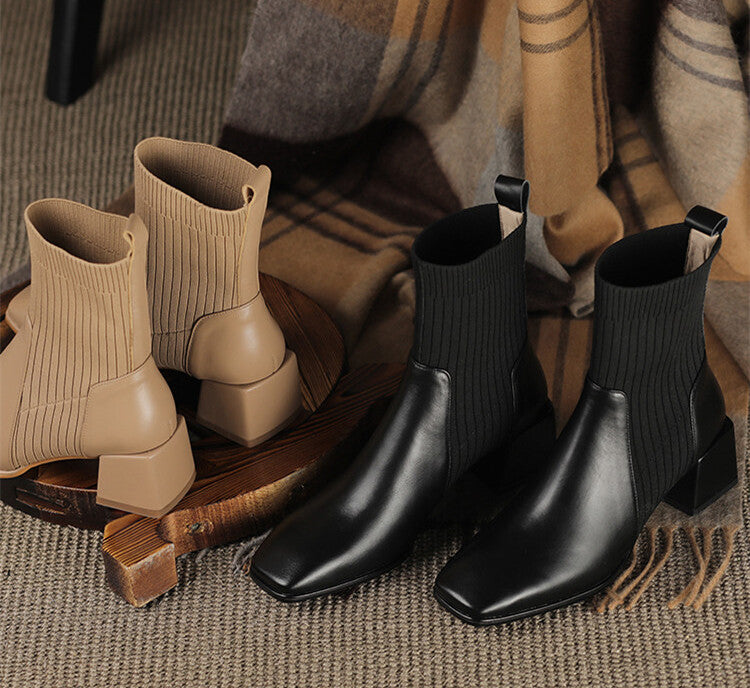 Valeria - Botines Elegantes con Panel Elástico y Tacón Cuadrado Confort Premium