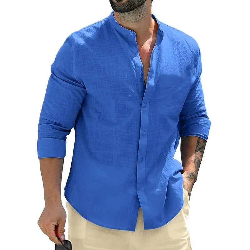Leonardo - Camisa Casual de Lino con Cuello Mao Premium