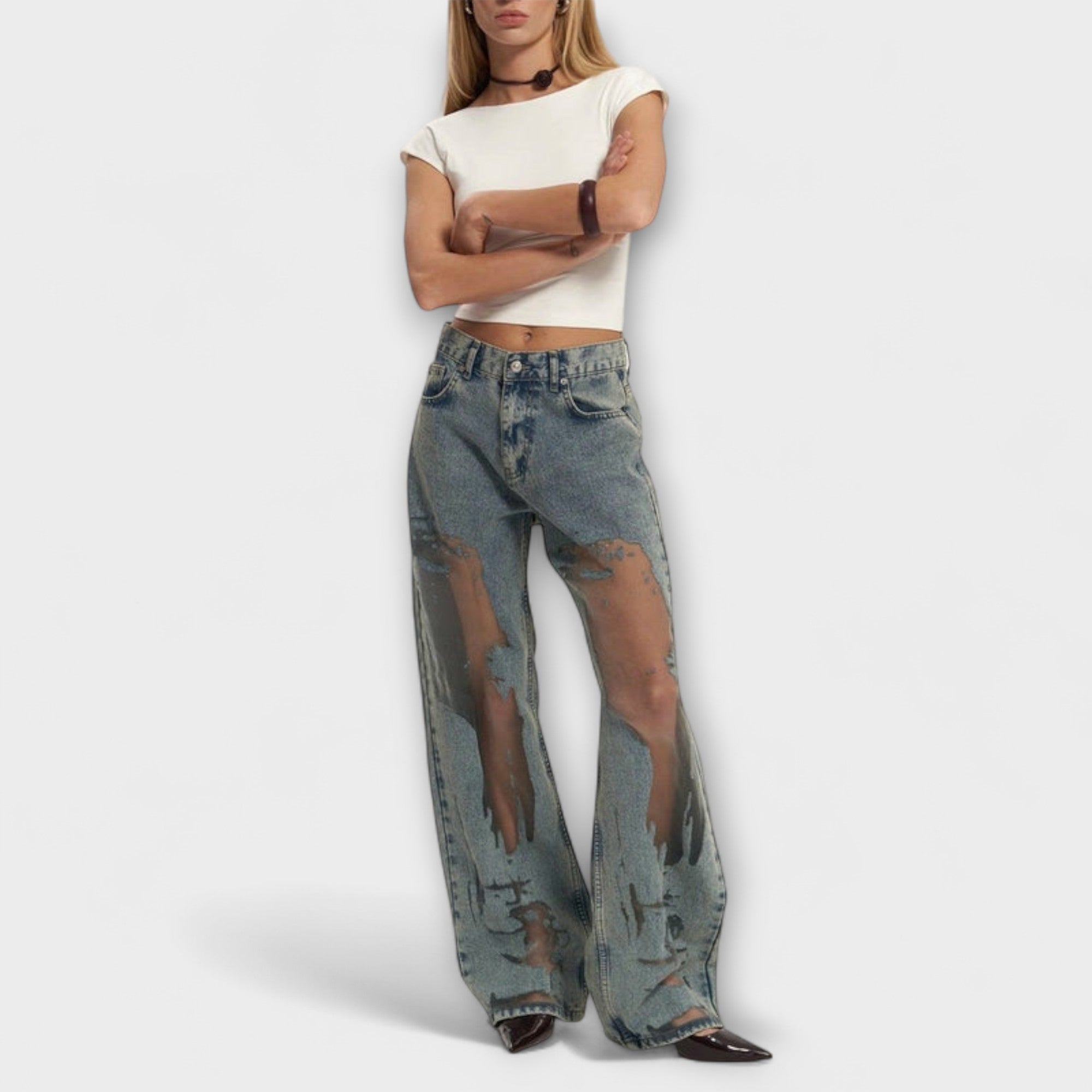 Camila - Jeans Denim Rasgados de Tiro Alto con Corte Wide Leg
