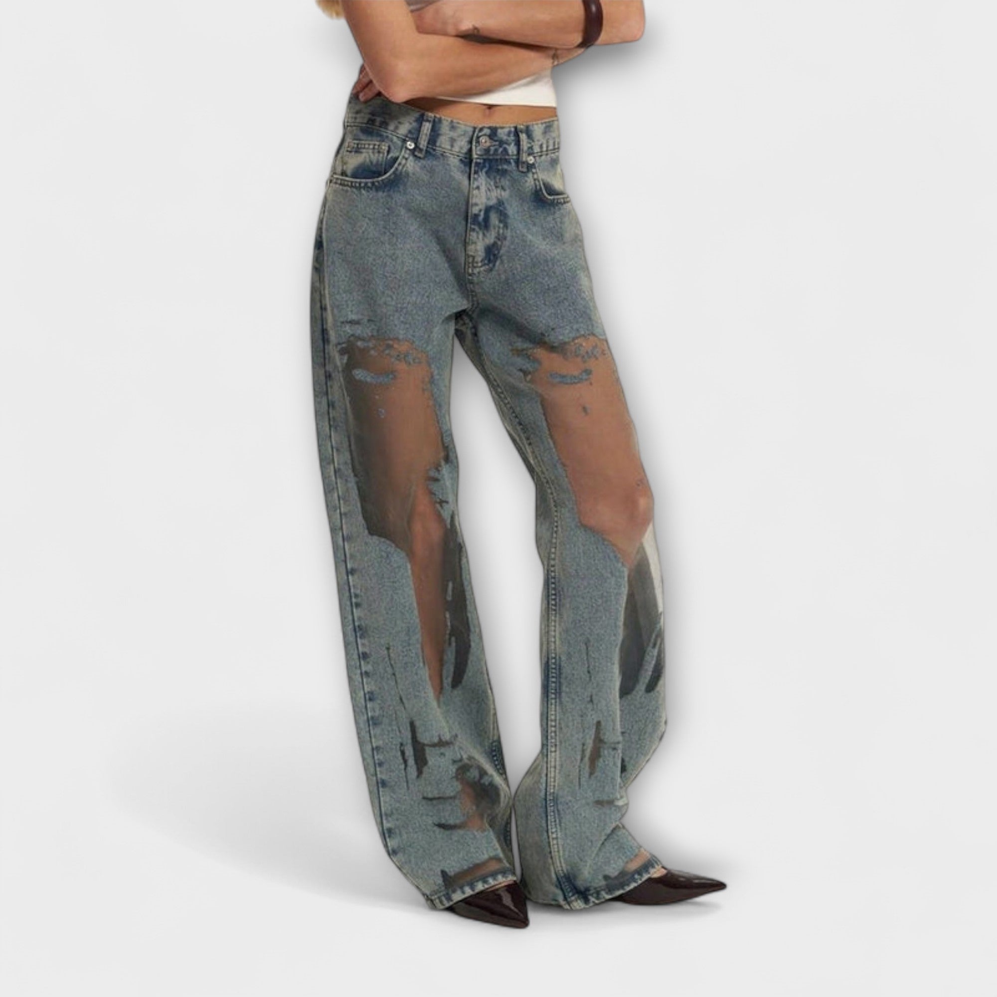 Camila - Jeans Denim Rasgados de Tiro Alto con Corte Wide Leg