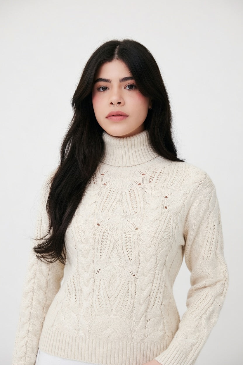 Valentina - Suéter Tejido de Cuello Alto con Diseño Trenzado Elegante