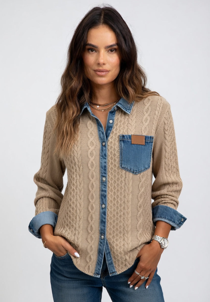 Carolina - Cárdigan Texturizado con Detalles Denim Premium