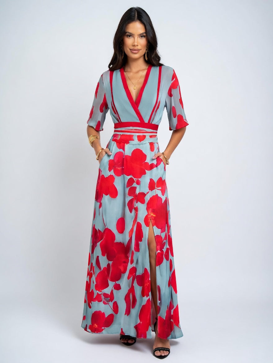 Daniela - Vestido Largo Estampado con Escote en V y Caída Fluida Elegante