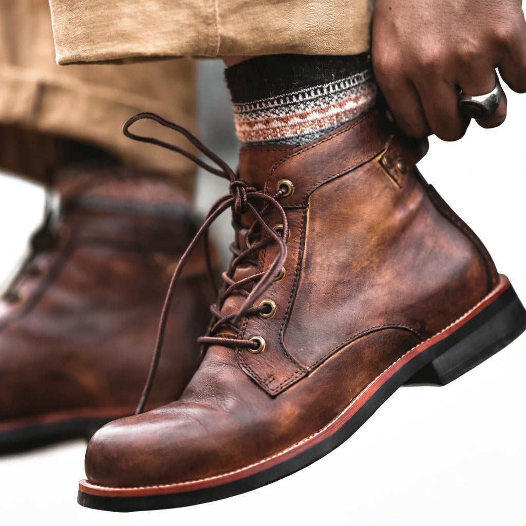 Mateo - Botas Clásicas de Cuero con Cordones y Acabado Vintage Elegante