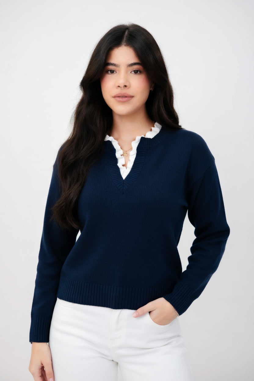 Daniela - Suéter Elegante con Cuello en V y Detalle de Encaje Sofisticado