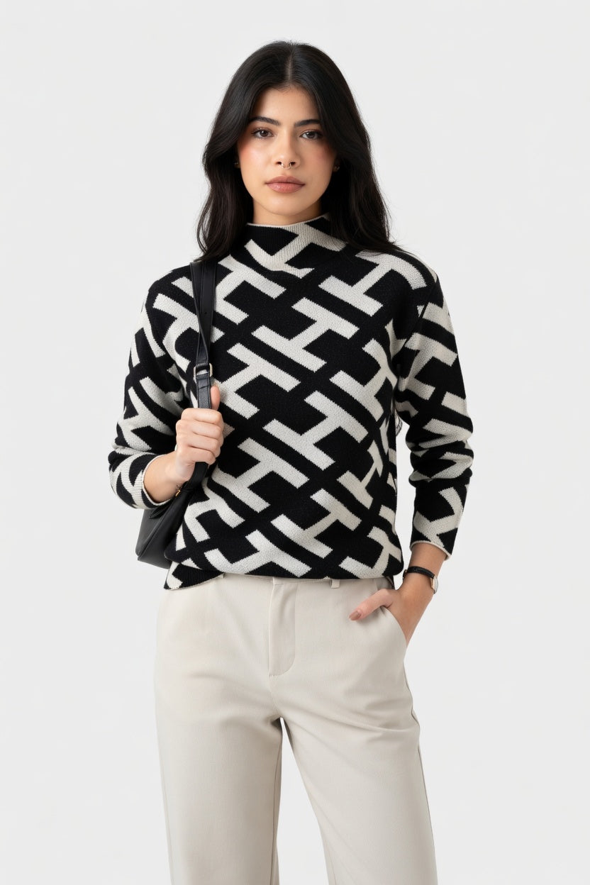 Natalia - Suéter Estampado Geométrico de Cuello Alto con Tejido Suave Elegante