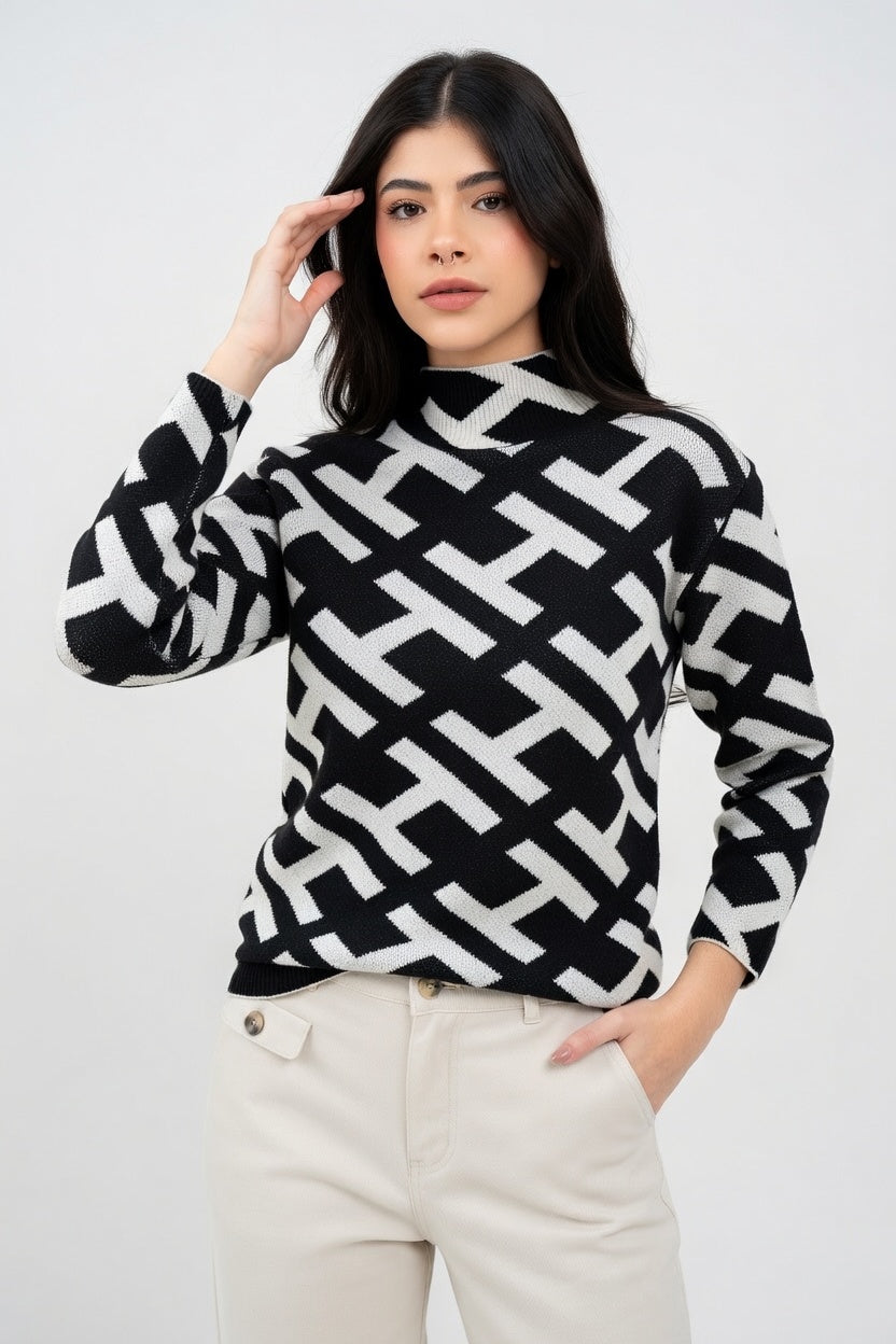Natalia - Suéter Estampado Geométrico de Cuello Alto con Tejido Suave Elegante