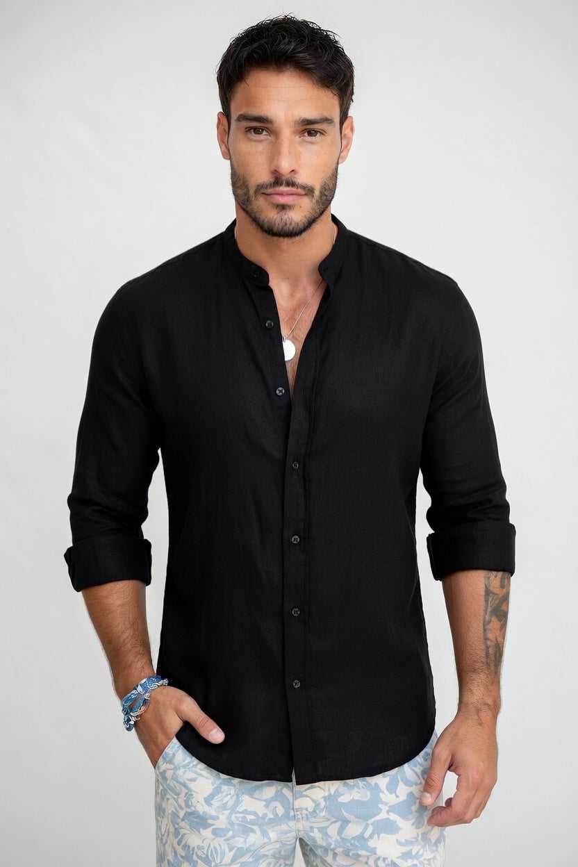 Leonardo - Camisa Casual de Lino con Cuello Mao Premium