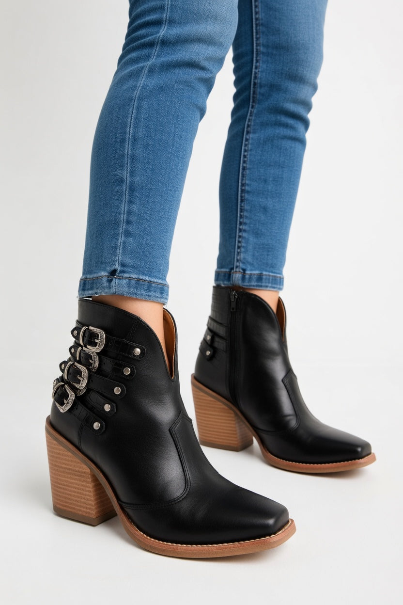 Daniela - Botines Urbanos con Hebillas Metálicas y Tacón Cuadrado Elegante