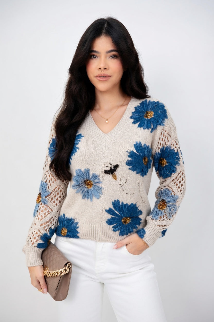 Valeria - Blusa Floral de Cuello en V con Tejido Ligero Elegante