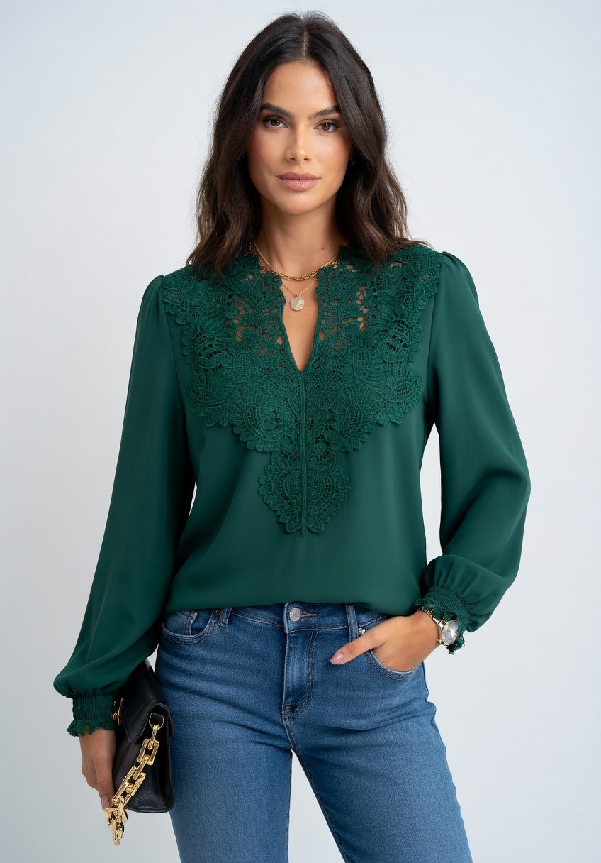 Valeria - Blusa Elegante de Cuello en V con Detalle Bordado Sofisticado