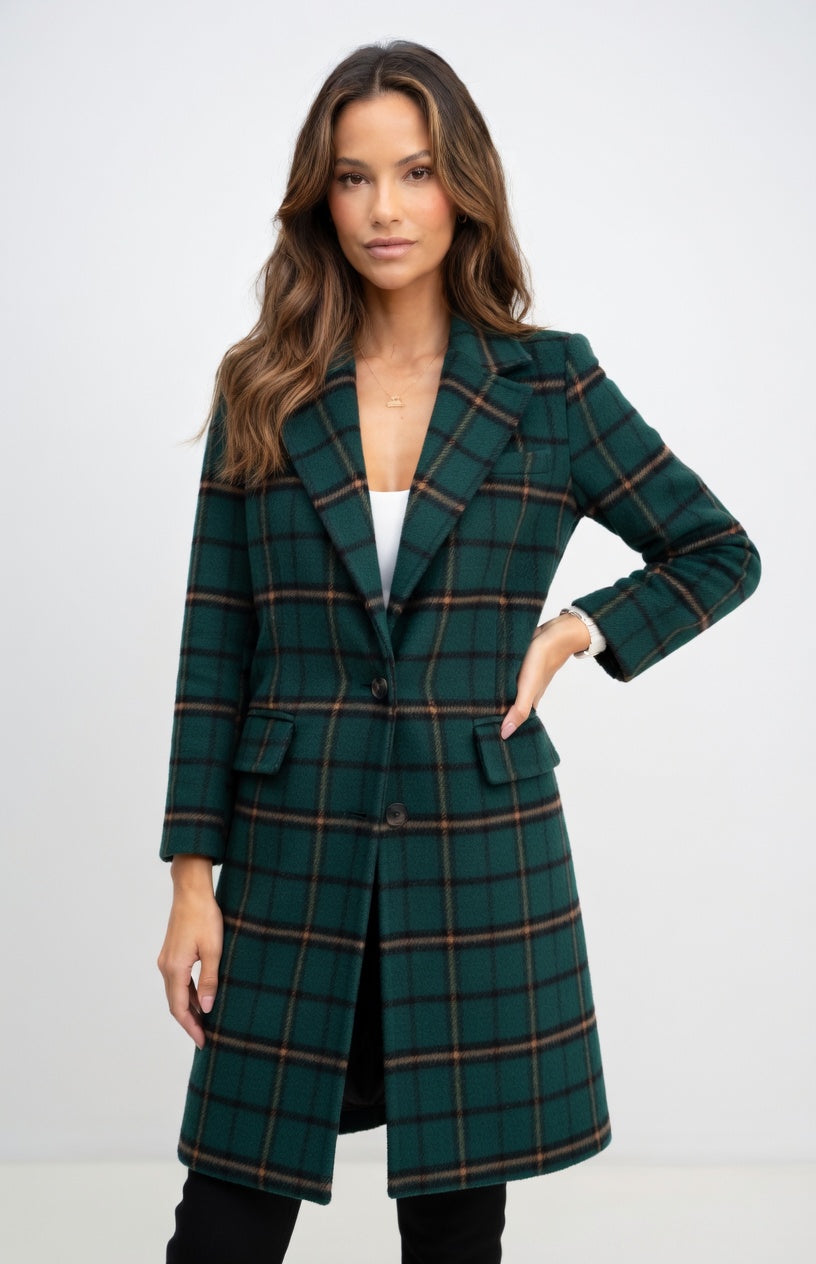 Alejandra - Abrigo Largo Cuadros con Botones Clásicos y Corte Elegante