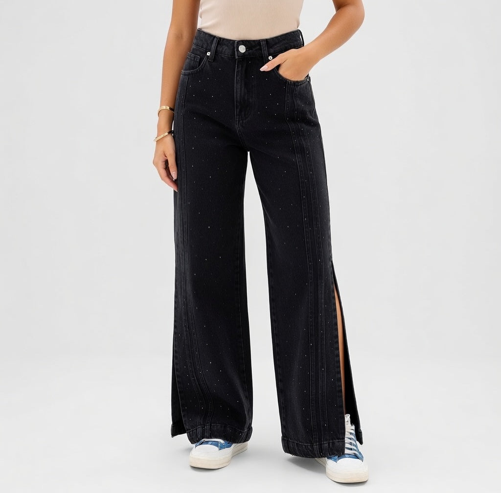 Valentina - Jeans Rectos con Abertura Lateral y Acabado Denim Premium