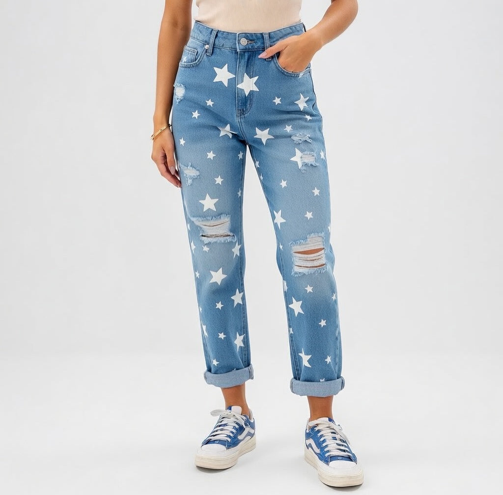 Daniela - Jeans Denim Rasgados con Estampado Estrella y Corte Relaxed